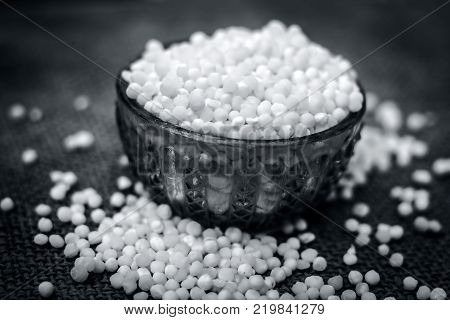 Close Up Of Sago Pearls In A Blue Colored Transparent Bowl.