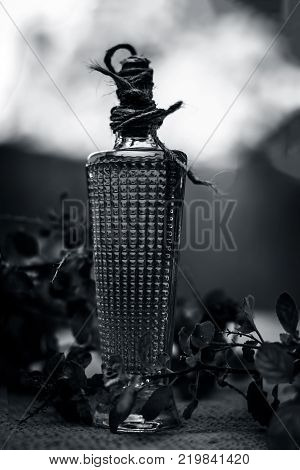 Close Up Of Oil Of Ocimum Tenuiflorum.., Holy Basil In A Transparent Bottle.