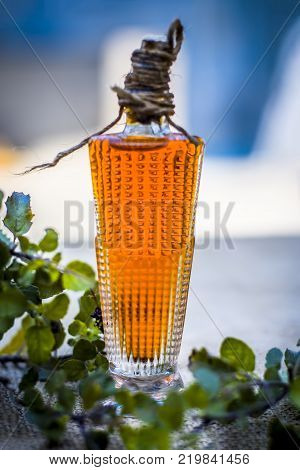 Close Up Of Oil Of Ocimum Tenuiflorum.., Holy Basil In A Transparent Bottle.