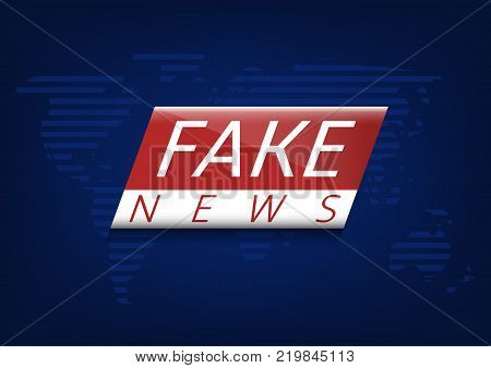 Fake news label over world map. Vector illustration