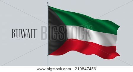 Kuwait waving flag on flagpole vector illustration. Three stripes element of Kuwaiti wavy realistic flag as a symbol of country