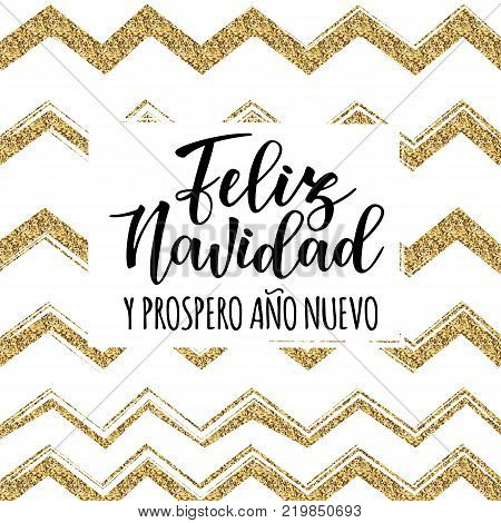 Vector illustration of a sketch greeting holiday card and gold decoration. 'Feliz Navidad y Prospero Ano Nuevo' Spanish Merry Christmas and Happy New Year.