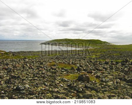An overview of the White sea coast line. A littoral tide zone with stones and aglae. Grey colours, clowdy sky. A mood of loneliness.