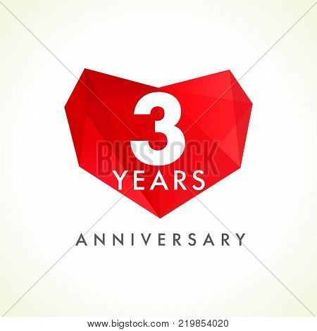 3 years anniversary heart logo. Template emblem of 3th years celebration in facet heart shape. Vector illustration