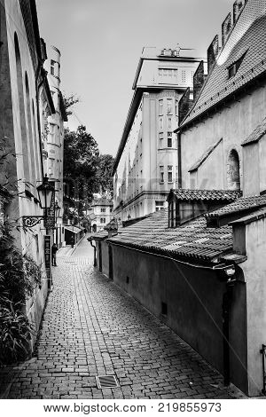 Prague Czech Republic September 29 2017: Josefov is a Jewish quarter of Prague in Czech Republic black and white photo