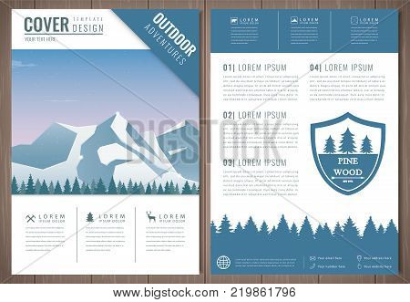 Outdoors flyer design with mountains landscape. Brochure headline for Sport and Recreation. Vector illustration