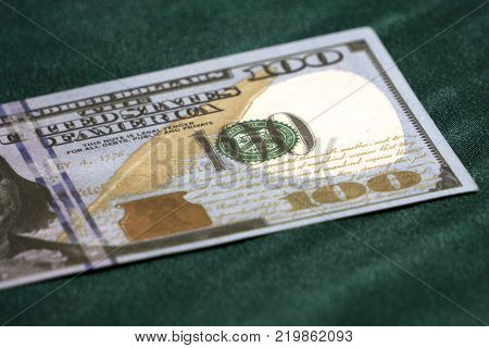 US 100 dollar bill close up USA federal fed reserve note fragment. American dollar is the official currency of the United States of America