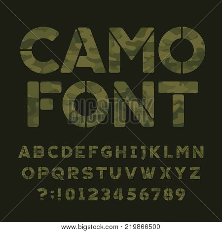 Camo alphabet font. Type letters and numbers on a dark green background. Vector typography for your design.