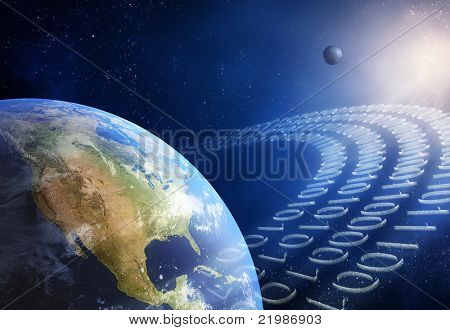 Global kommunikation / datatransmission - binær kode fremstillet af bittesmå partikler (3d Uv kort fra Ht