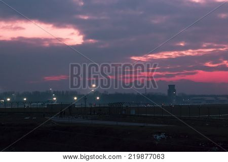 Views of International Airport Krakow - Balice at dusk at sunset