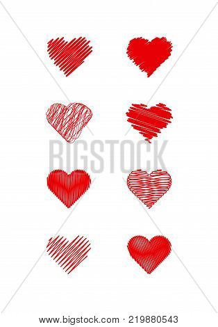 Hears icon set. Hand drawing. Doodle or sketch style. Red color. Element for your project or design.