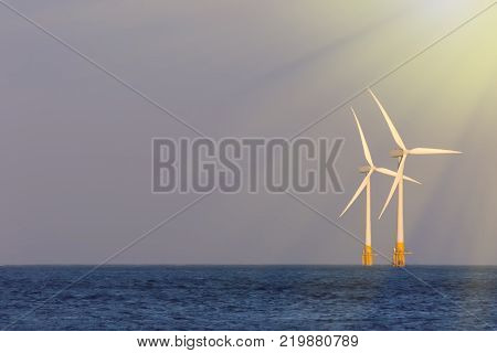 Sustainable resources. Soft seascape with offshore wind turbines illuminated by bright sunshine. Wind sea and solar power renewable energy represented by windfarm in sun rays in the ocean.