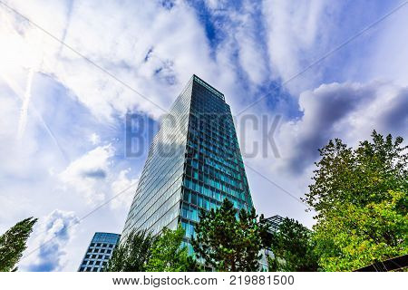 Amsterdam, Netherlands - August 16, 2017: Skyscraper. Modern office building exterior design, glass facade. Urban view at summer. Business district. World Trade Center, Amsterdam Zuid, Netherlands.