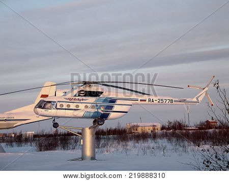 Salekhard, Russia - February 27, 2007: Helicopter on the pedestal. The open-air museum is near the airport of Salekhard city.