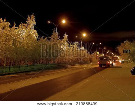 Salekhard, Russia - February 27, 2007: Night Salekhard. Night city in colorful lights. Salekhard is the capital of the Yamal-Nenets Autonomous District