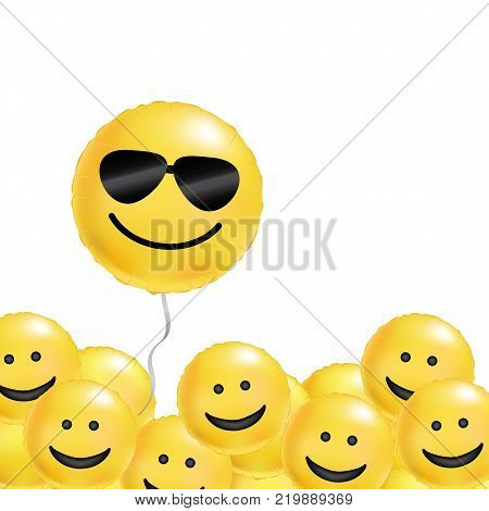 Yellow balloons cool smile. Smiling emoticon black sunglasses, emoji. Yellow balloon smile background. Fun character people, bright smiley. Comic text, humor message, corporate culture, hierarchy