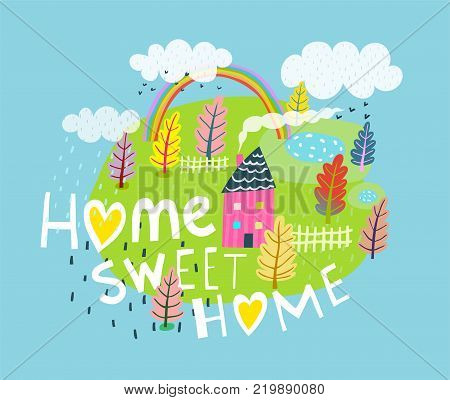 Rural landscape with home sweet home slogan. Vector illustration.