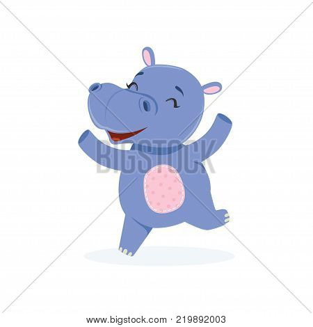 Funny happy baby hippo character jumping, cute behemoth African animal vector Illustration on a white background
