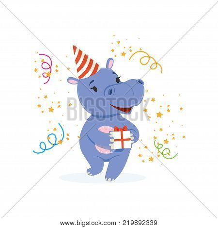 Funny baby hippo character in a party hat holding gift box, cute behemoth African animal vector Illustration on a white background