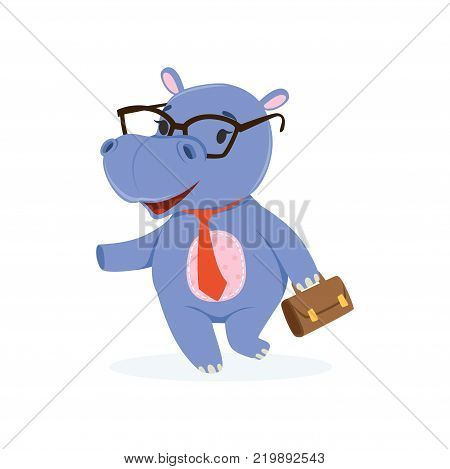Funny baby hippo businessman character in glasses with briefcase, cute behemoth African animal vector Illustration on a white background