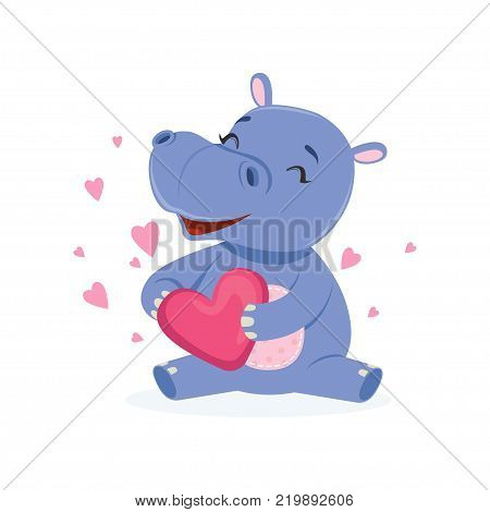 Funny happy baby hippo character sitting on the floor and holding pink heart, cute behemoth African animal vector Illustration on a white background
