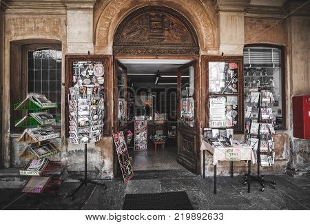 vintage souvenir shop in Varallo Sesia at top of the Sacro Monte di Varallo , Vercelli , Italy, 24 May 2017