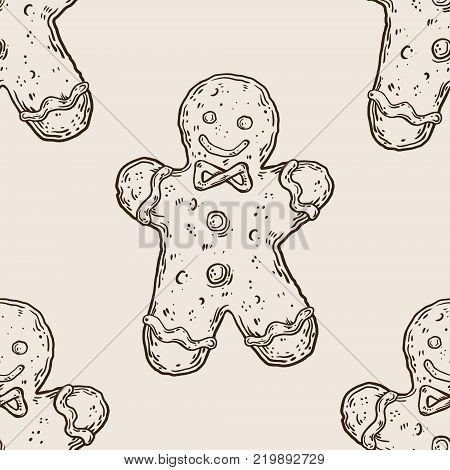 Cookie man engraving seamless pattern engraving vector illustration. Scratch board style imitation. Hand drawn image.