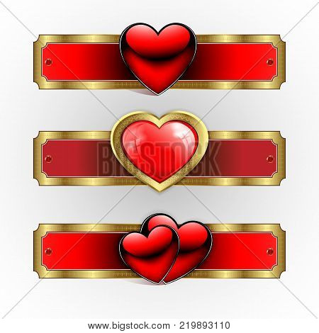 sign, emblem with red heart with glitter, with edging, set