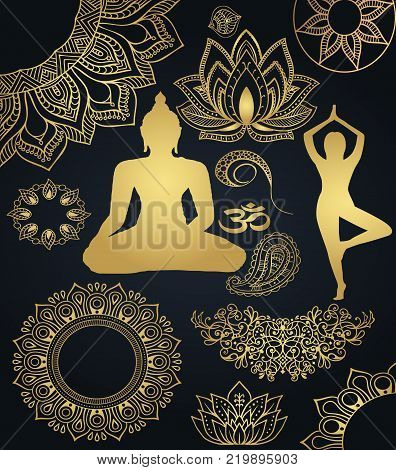 Beautiful rich gold badges - Buddhism, meditation, mandala - delated ideas for sketches for tattoo and stickers