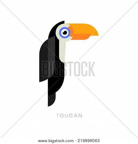 Flat geometric logo of toucan. Cartoon character of tropical bird with brightly orange beak. Graphic element for logo of zoo store or travel agency. Vector illustration isolated on white background.