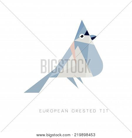 Logo design of european crested tit. Colored bird made of simple geometric shapes. Graphic element for mobile app, web icon or emblem. Vector illustration in flat style isolated on white background.