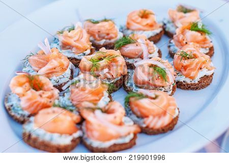 Snacks with salmon on white plate.picture was made in Latvia