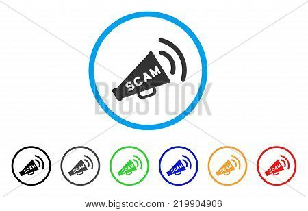 Scam Alert Megaphone rounded icon. Style is a flat grey symbol inside light blue circle with additional color versions. Scam Alert Megaphone vector designed for web and software interfaces.