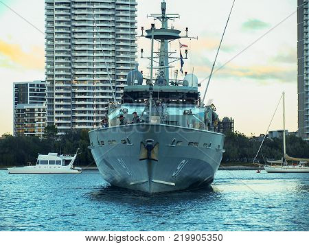 Gold Coast Australia - July 25: Warship Bundaberg visits the Gold Coast. Preparing to dock at Southport Yacht Club Marina on June 25. 2010 in Main Beach Gold Coast Queensland Australia.