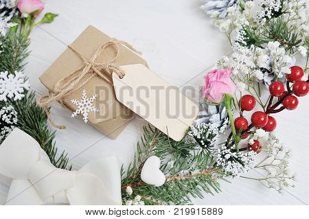 Mockup christmas gift tag in rustic style with place for your text.