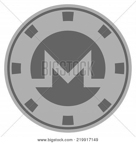 Monero silver casino chip pictograph. Vector style is a gray silver flat gamble token item.