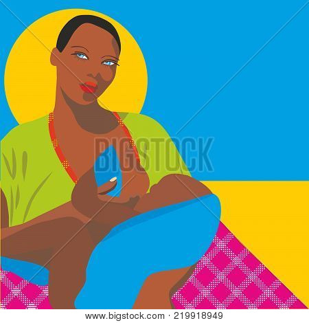 Bright african landscape with a woman and her child at the desert background with blue sky and scorching sun