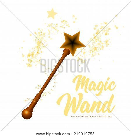 Wooden magic wand with stars on white background. Vector illustration