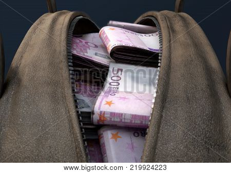 A concept depicting an open brown leather duffel bag revealing bundles of illicit rolled euro notes - 3D render