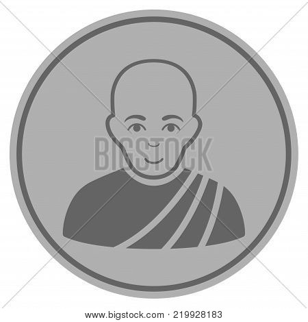 Buddhist Monk silver coin icon. Vector style is a silver grey flat coin symbol.