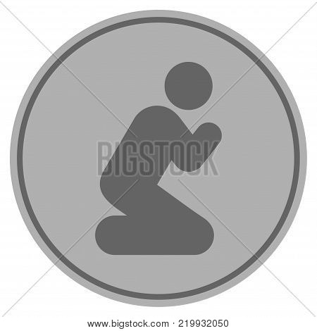 Pray Pose silver coin icon. Vector style is a silver grey flat coin symbol.