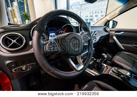 BERLIN - DECEMBER 21, 2017: Showroom. Interior of mid-size luxury pickup truck Mercedes-Benz X-Class X220d 4Matic. Since 2017.