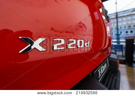 BERLIN - DECEMBER 21, 2017: Showroom. Detail of mid-size luxury pickup truck Mercedes-Benz X-Class X220d 4Matic. Since 2017.