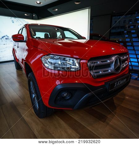 BERLIN - DECEMBER 21, 2017: Showroom. Mid-size luxury pickup truck Mercedes-Benz X-Class X220d 4Matic. Since 2017.