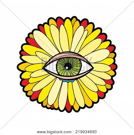 Transvaal daisy isolated on the white background. Colorful vector illustration with strange flower and the human eye in the crenter.