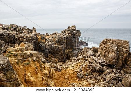 Cliff Rocks, Foggy Landscape of Portugal. Vintage Wallpaper, Rocky ocean shore