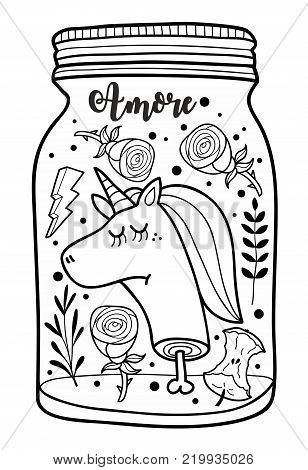 Dead unicorn head in the jar illustration for adult coloring. Doodle vector prin