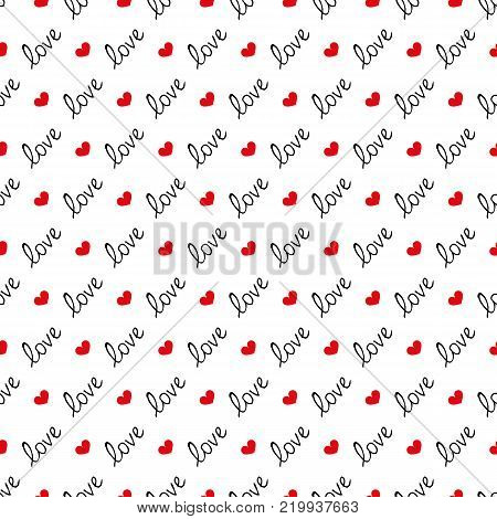 Handwritten hand drawn text love. Seamless pattern with text love. Valentines Day. Red heart. Vector illustration