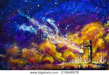 Oil Painting - man with a lantern lights, clouds, abstraction, starry sky, universe