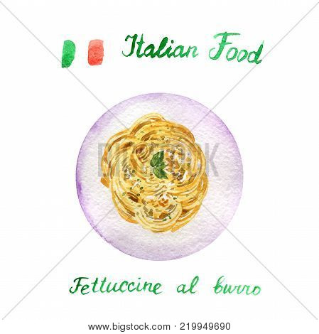 watercolor drawing pasta with Parmesan cheese and butter , traditional italian food, mediterranean dish
